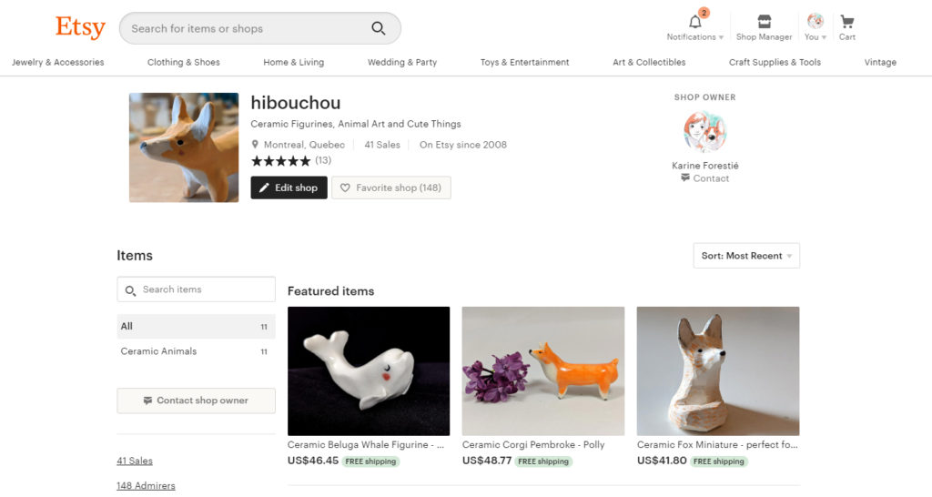 Interface Etsy 