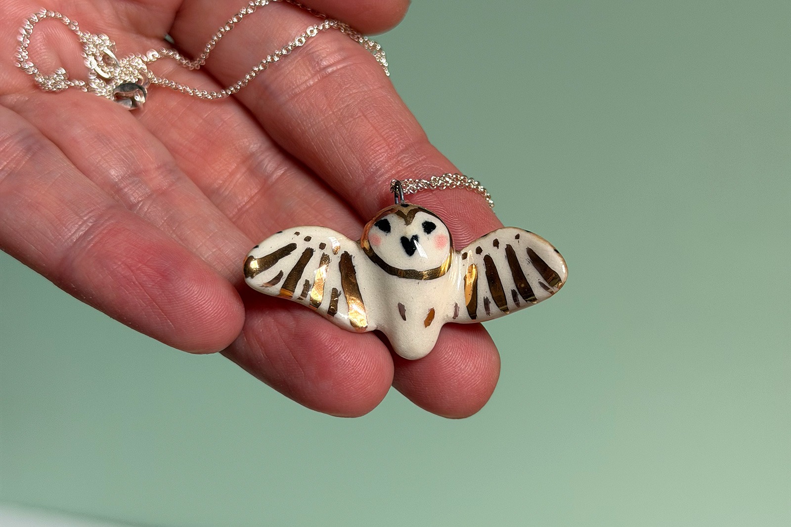 Barn Owl pendant - Ceramics + Gold - Wings