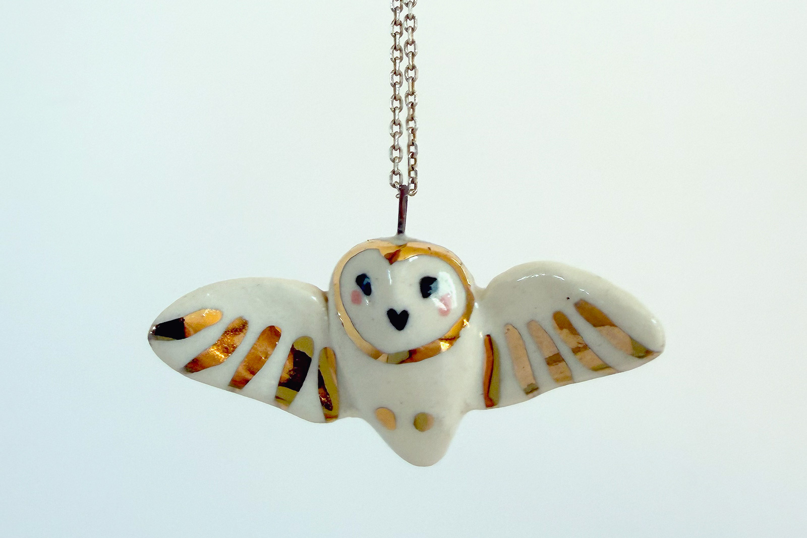 Barn Owl pendant - Ceramics + Gold - Wings - B
