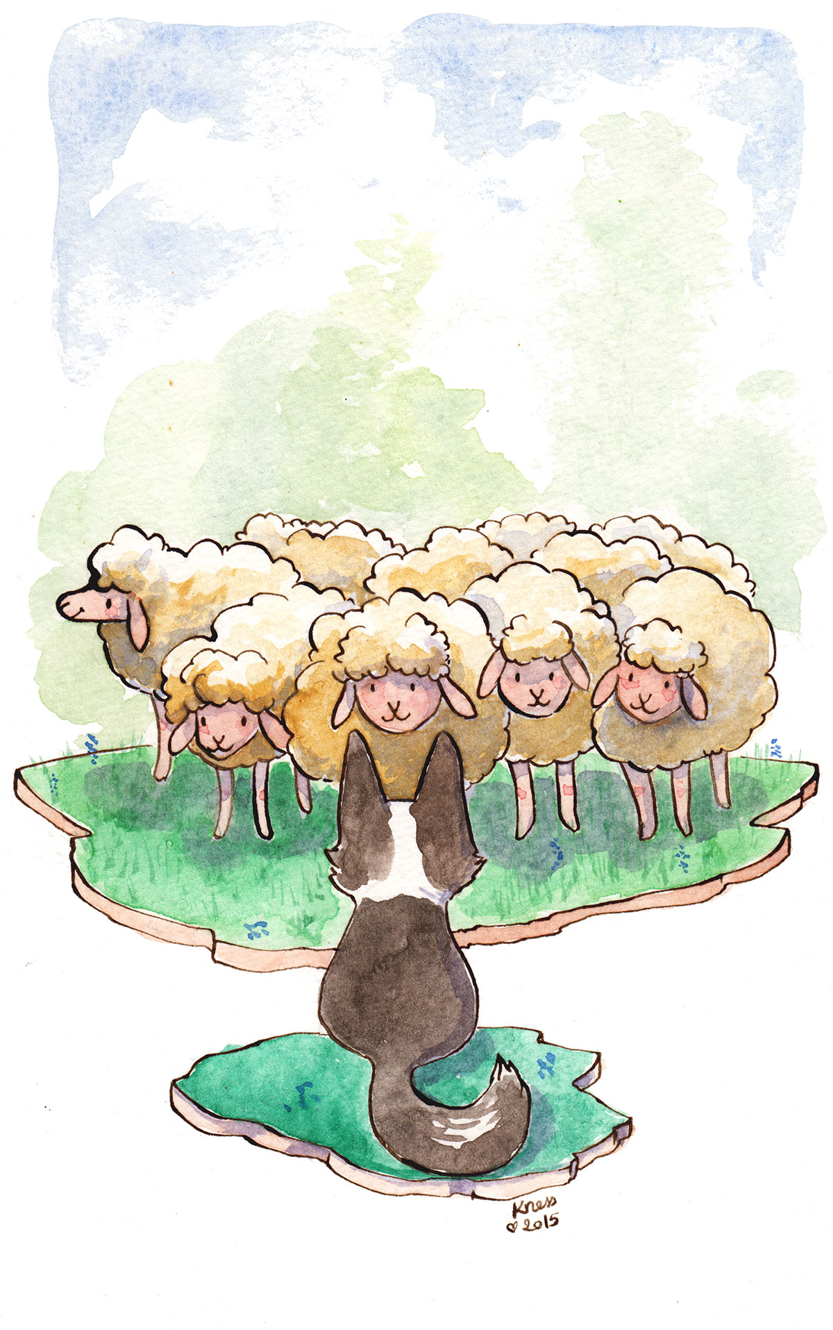 cardigan corgi herding sheep watercolor painting