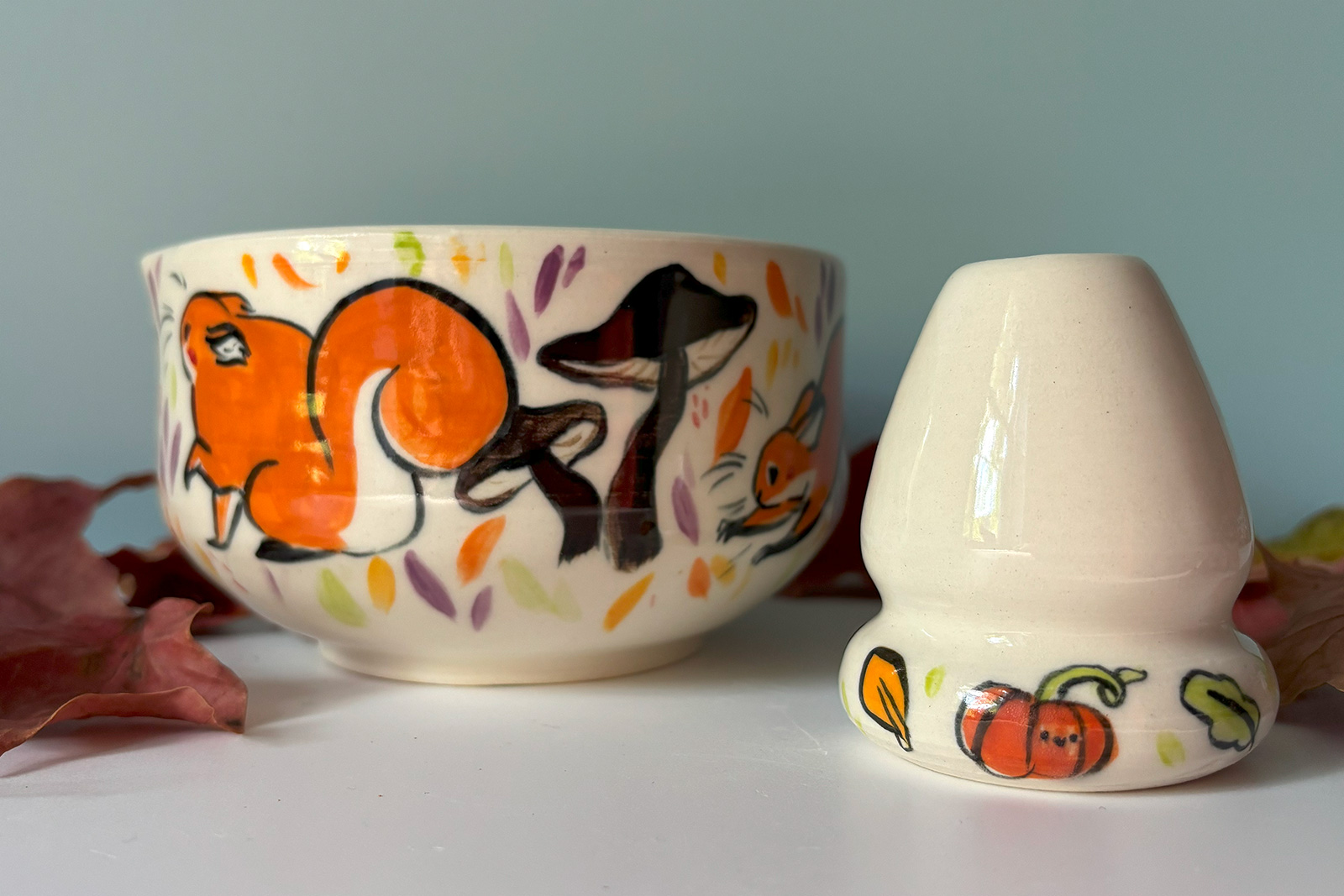 matcha bowl and whisk holder set with squirrels