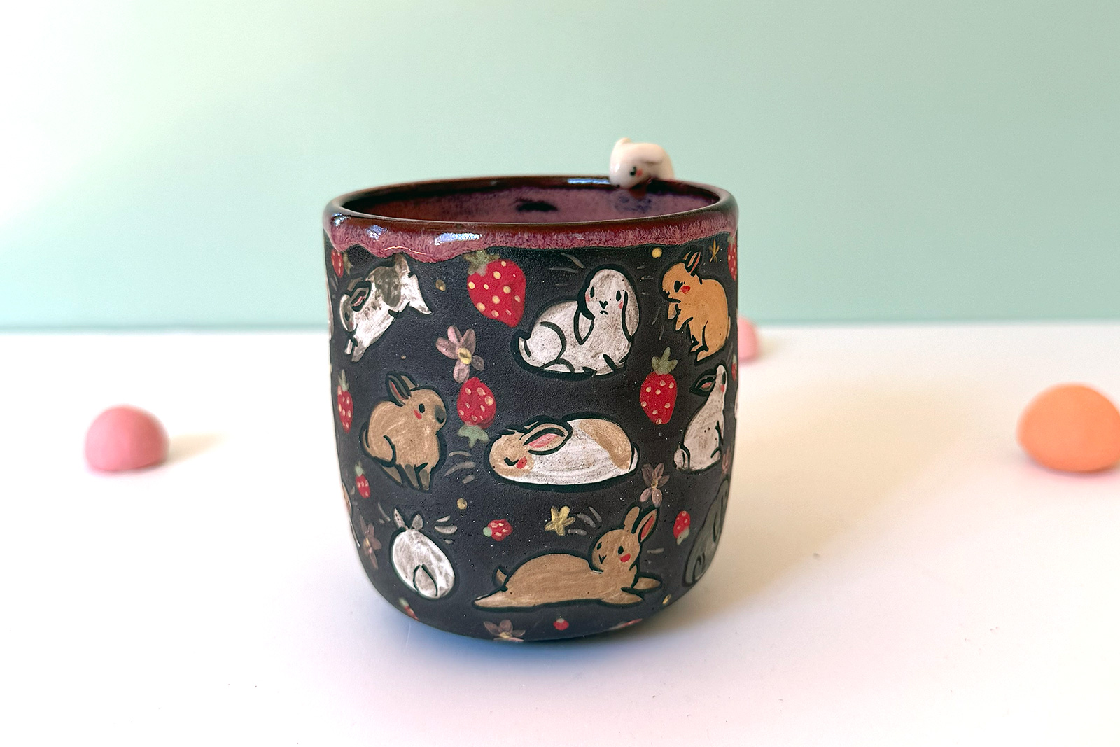 Small Mug - Sculpted - Strawberry Bunnies - Image 3