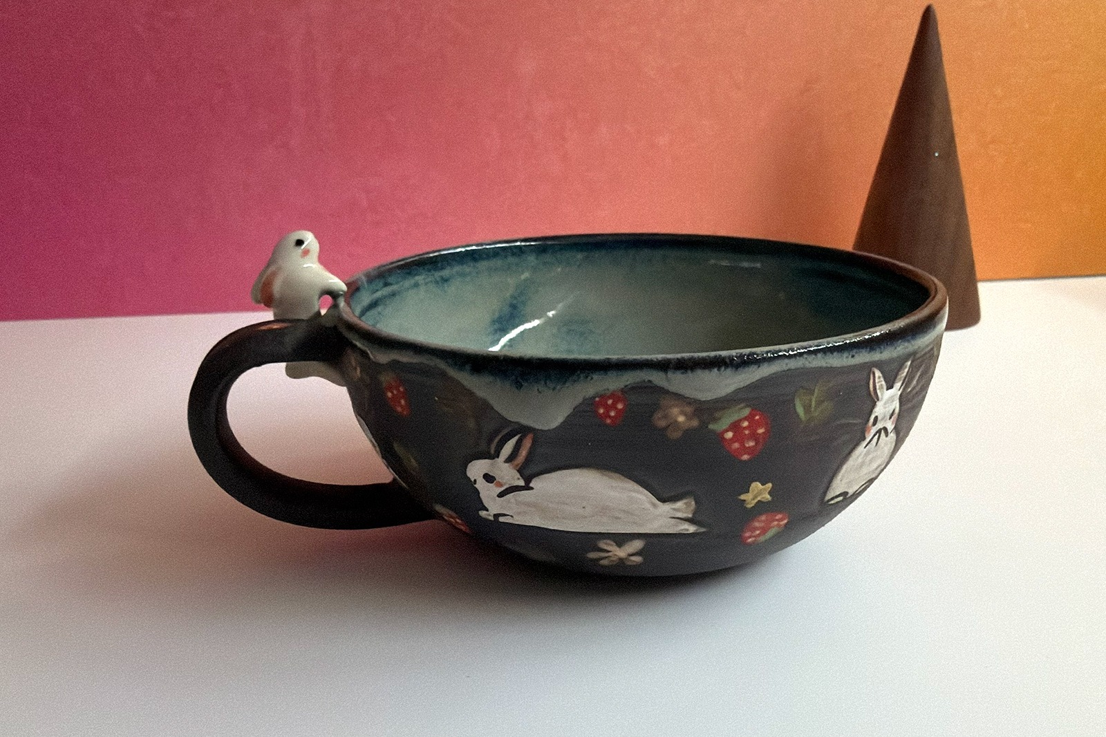 Ceramic Tea Cup - Sculpted Bunny - Strawberries